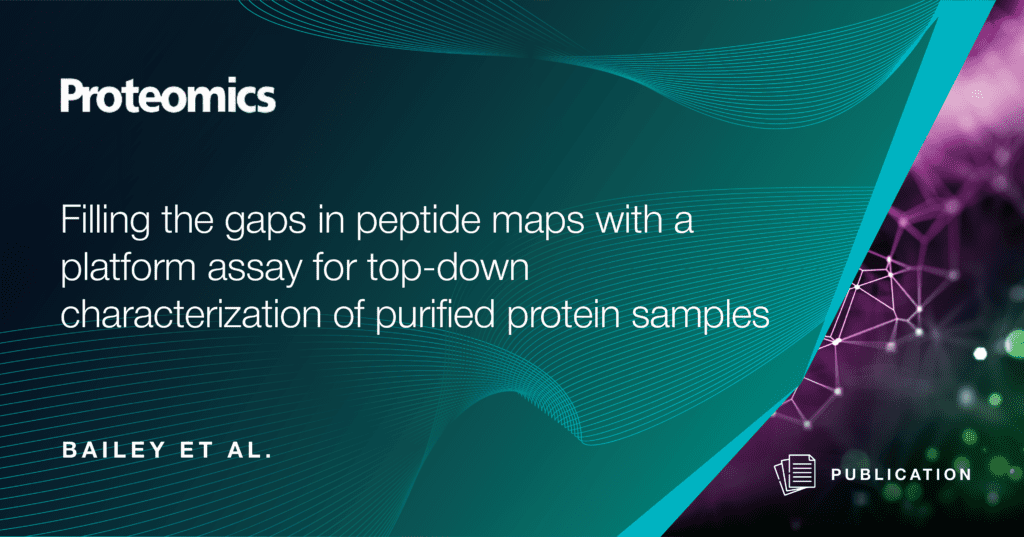 a graphic split into two parts by a diagonal light-blue line

On the left, taking up most of the image, is a teal background with the Proteomics logo on the top left

Below is the white text "Filling the gaps in peptide maps with a platform assay for top‐down characterization of purified protein samples".

At the bottom left, in capital letters, it says "Bailey et al."

On the smaller, right side of the image, is an abstract representation of a network diagram floating in purple space, with the word "publication" at the bottom in white, capital letters next to a paper icon