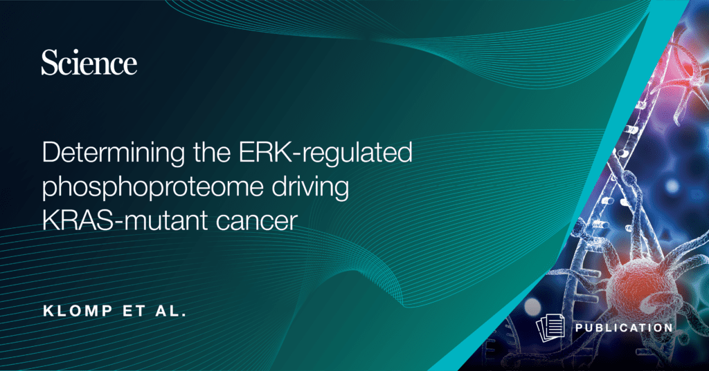 a graphic split into two parts by a diagonal light-blue line

On the left, taking up most of the image, is a teal background with the Science logo on the top left

Below is the white text "Determining the ERK-regulated phosphoproteome driving KRAS-mutant cancer".

At the bottom left, in capital letters, it says "Klomp et al."

On the smaller, right side of the image, is an abstract representation of red, glowing viruses next to DNA floating in blue space, with the word "publication" at the bottom in white, capital letters next to a paper icon