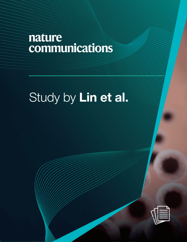 a graphic split into two parts by a diagonal light-blue line On the left, taking up most of the image, is a teal background with the Nature Communications logo on the top left Below is the white text "Study by Lin et al.". On the smaller, right side of the image, is an abstract representation of cells in red space, with a paper icon at the bottom